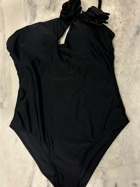 Black One-Piece Swimsuit with Floral Halter Detail